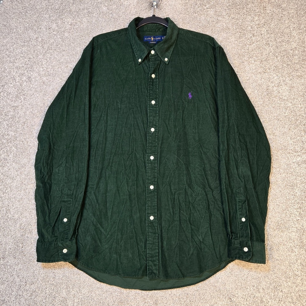 Ralph Lauren Corduroy Button Down Shirt Mens XL Green classic fit 100% cotton
